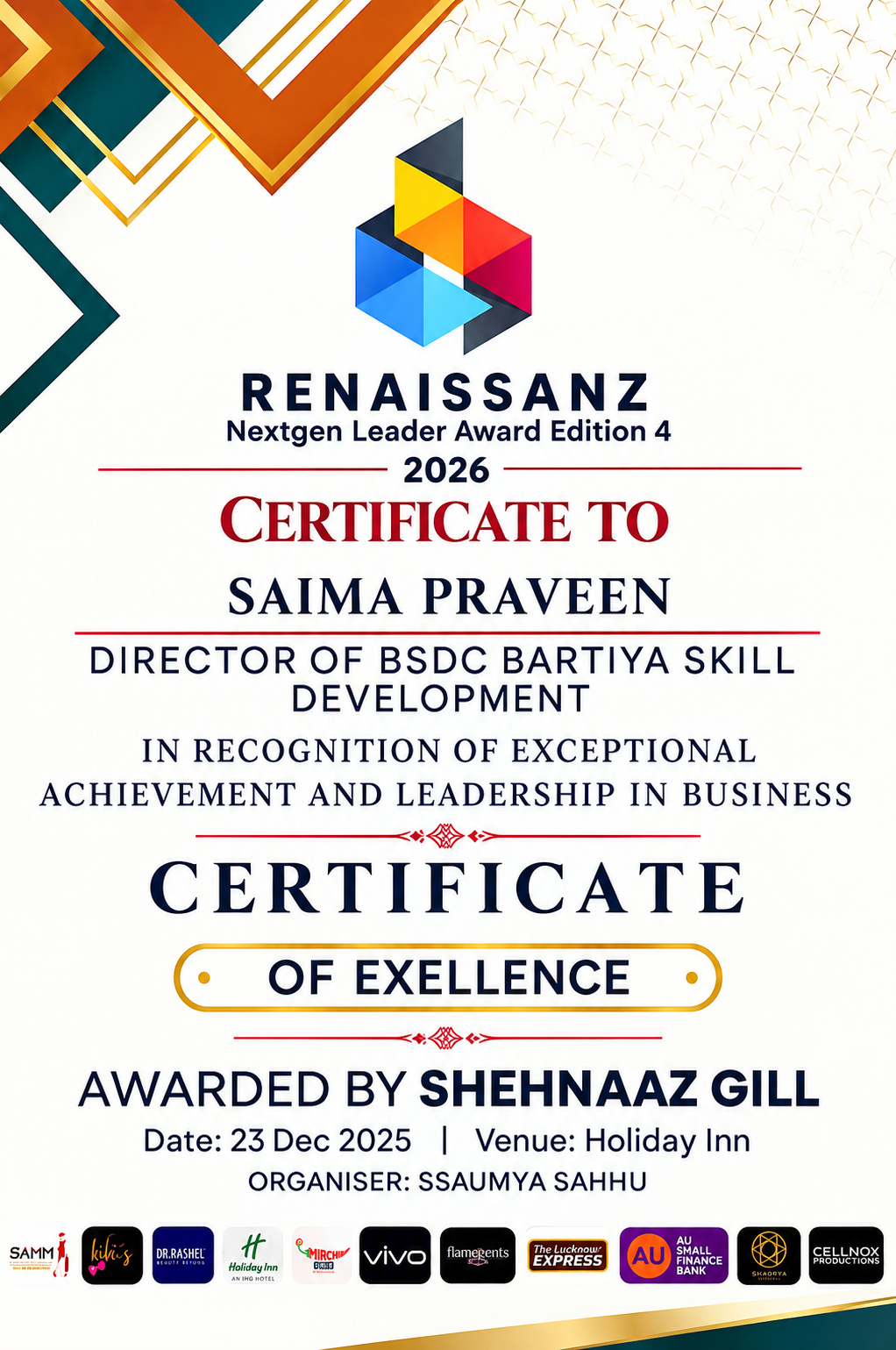 Saima Praveen Honoured with Renaissanz Nextgen Leader Award 2026 for Excellence in Business Leadership